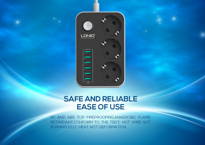 Переходник СЗУ на 6 USB 3.4A 3 розетки LDNIO SE3631