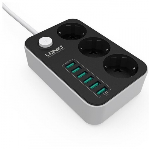 Переходник СЗУ на 6 USB 3.4A 3 розетки LDNIO SE3631