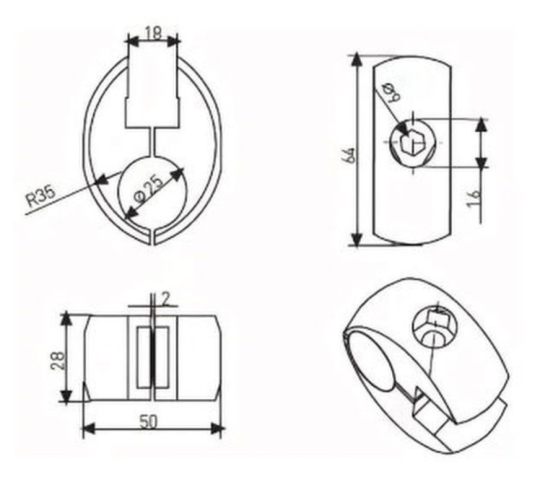 Держатель стекла или панели на трубе джокер 25мм с уплотнителем JOK-51 (R-7) 