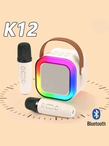 Портативная караоке система K12 Bluetooth колонка с подсветкой + 2 беспроводных микрофона, голосовые эффекты